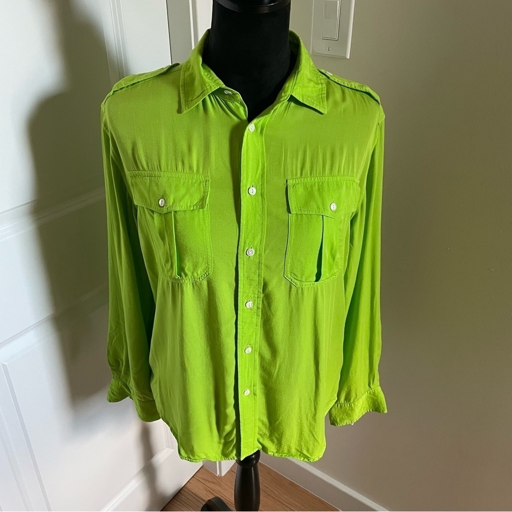 Polo Ralph Lauren Lime Green Military Viscose Button Down Blouse EUC Size Small